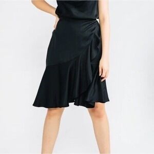 Chloe Kristyn Traci Skirt Satin Flounce Ruffle Hem Black Midi NWT Size XL